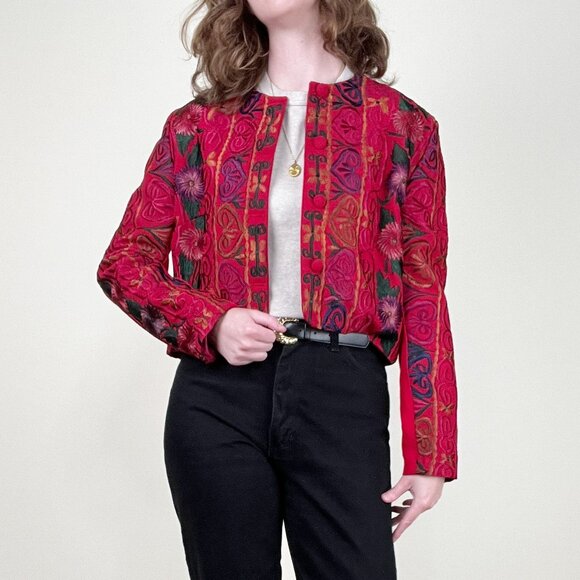Vintage Embroidered Floral Blazer Jacket Coat Cropped Boho Chic Hippie Bohemian - Picture 4 of 7